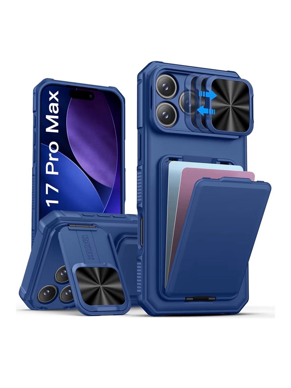 iPhone 17 Pro Max Case with Blue Stand & Credit Card holder camera cover wallet